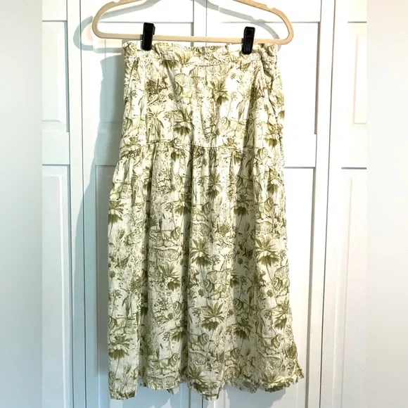 Rachel Zoe Cream and Green 100% Linen Floral Midi Skirt - Picture 2 of 4